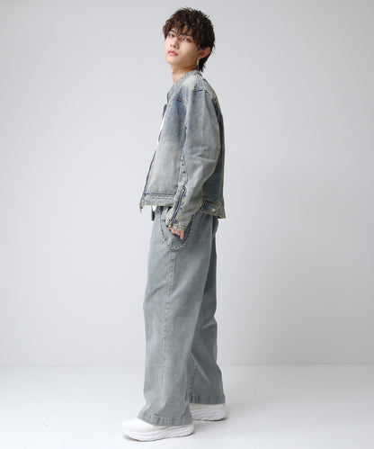 SUI-1998 短丈 ライダースジャケット デニム ダメージ加工 メンズ F1002-1003