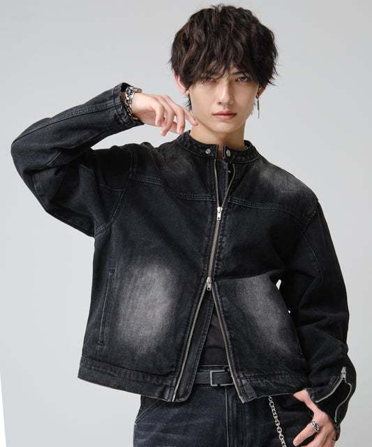 SUI-1998 短丈 ライダースジャケット デニム ダメージ加工 メンズ F1002-1003