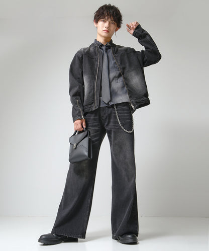 SUI-1998 短丈 ライダースジャケット デニム ダメージ加工 メンズ F1002-1003