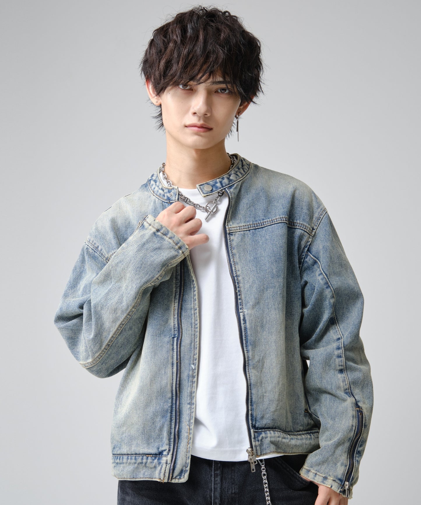 SUI-1998 短丈 ライダースジャケット デニム ダメージ加工 メンズ F1002-1003