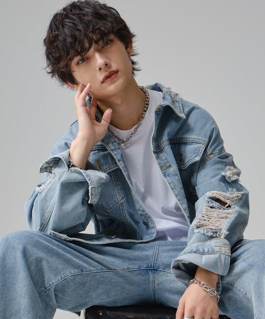 SUI-1998 通常丈 デニムジャケット ダメージ加工 ライトブルー ウォッシュ加工 メンズ F1000