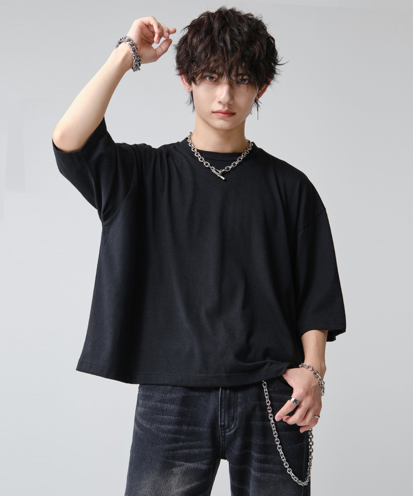 SUI-1998 短丈 薄手 七分袖 クルーネック ビッグシルエット ショート丈 メンズ F1450-1453