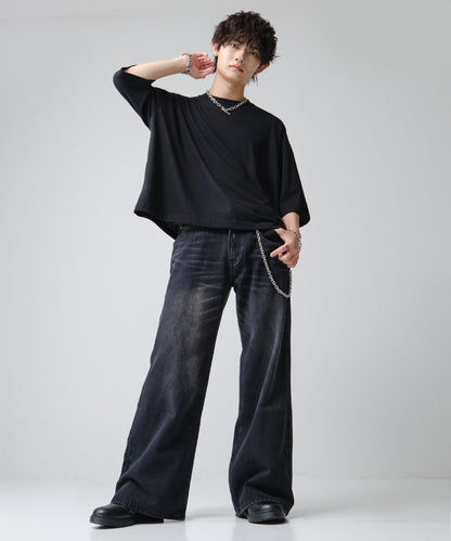 SUI-1998 短丈 薄手 七分袖 クルーネック ビッグシルエット ショート丈 メンズ F1450-1453