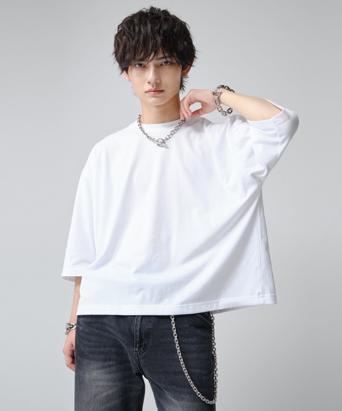 SUI-1998 短丈 薄手 七分袖 クルーネック ビッグシルエット ショート丈 メンズ F1450-1453