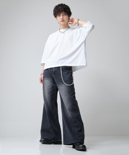 SUI-1998 短丈 薄手 七分袖 クルーネック ビッグシルエット ショート丈 メンズ F1450-1453