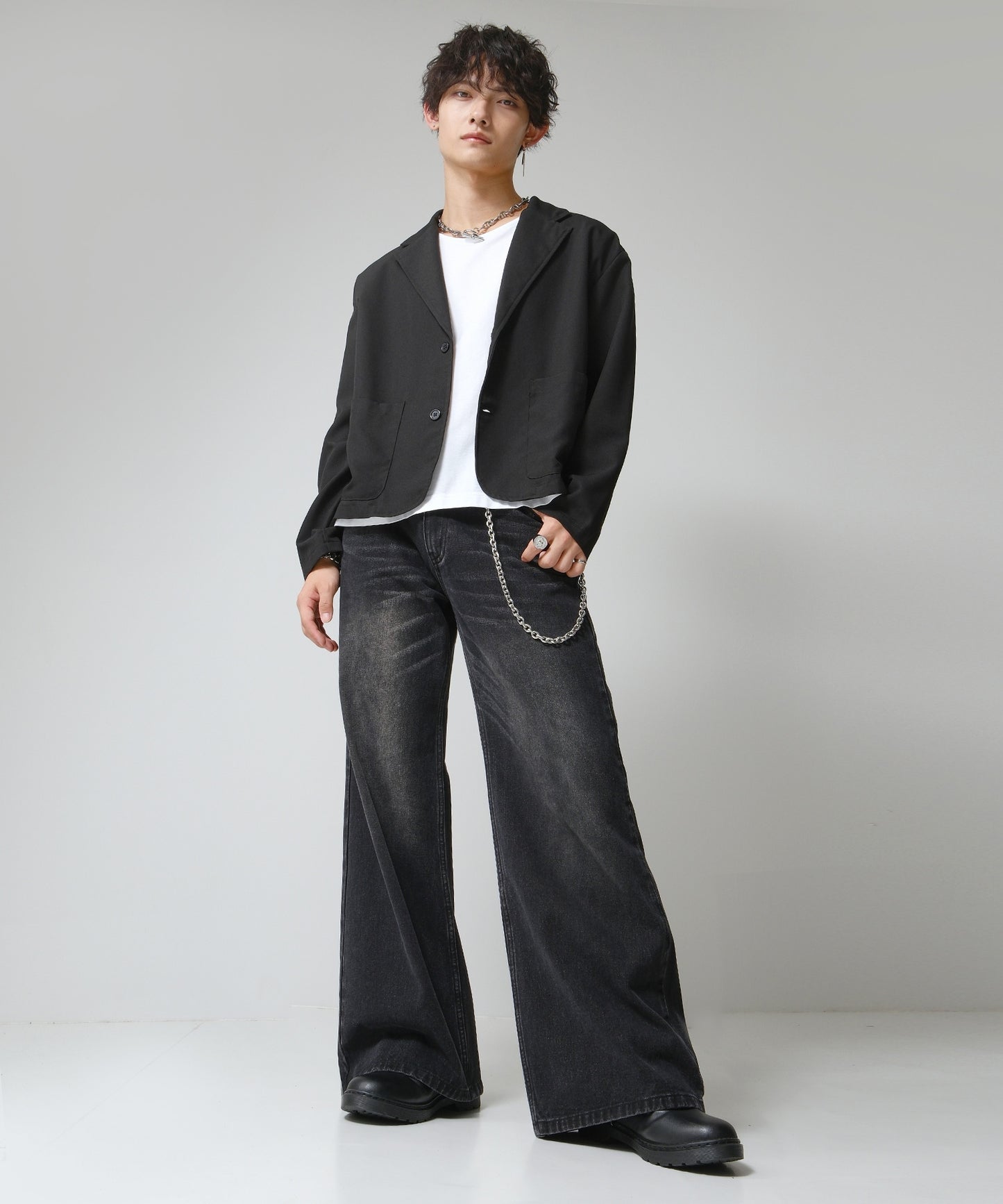 SUI-1998 短丈 薄手 七分袖 クルーネック ビッグシルエット ショート丈 メンズ F1450-1453