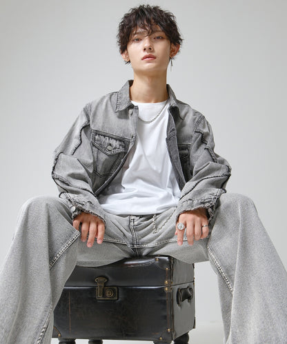 SUI-1998 短丈 薄手 七分袖 クルーネック ビッグシルエット ショート丈 メンズ F1450-1453