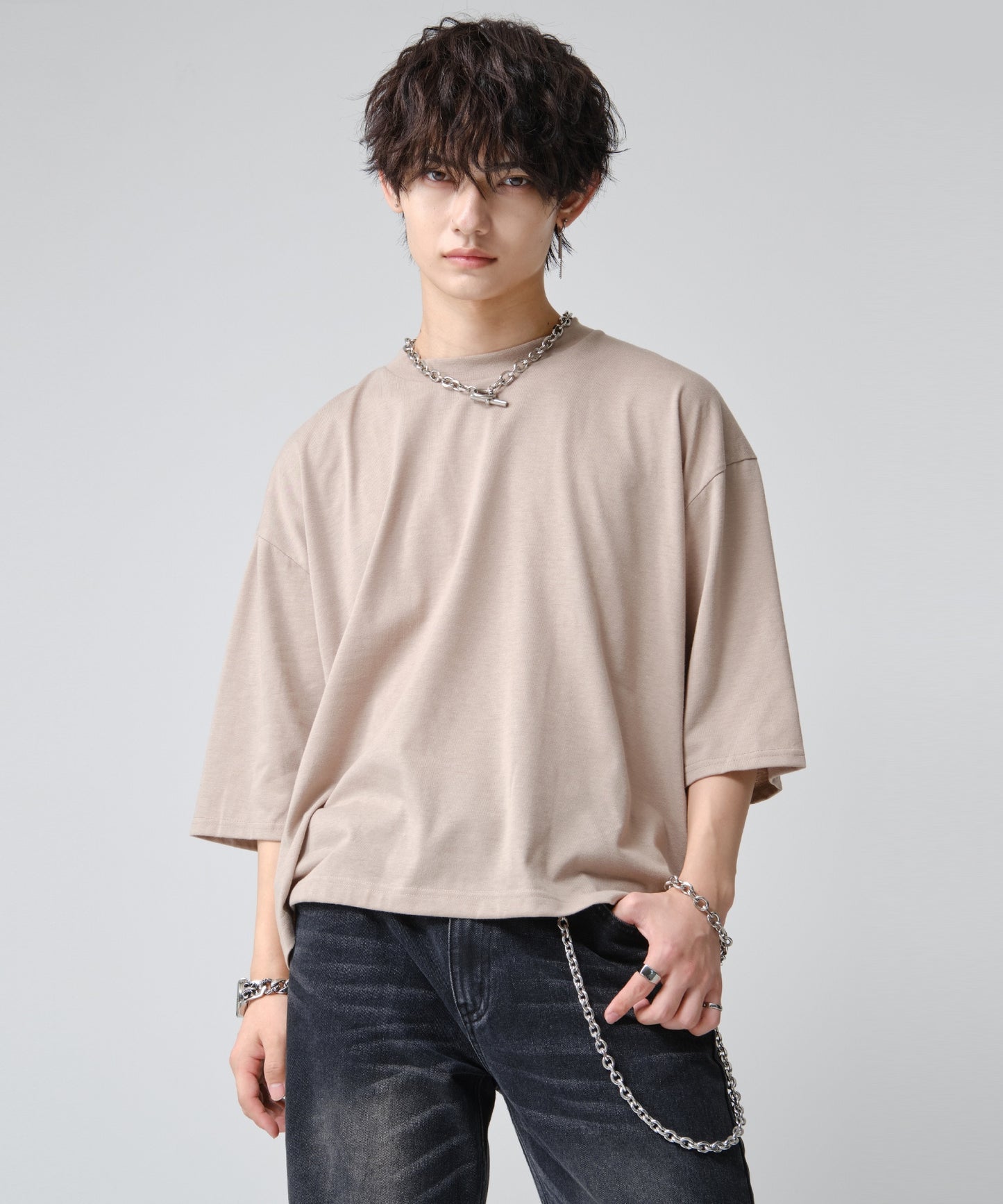 SUI-1998 短丈 薄手 七分袖 クルーネック ビッグシルエット ショート丈 メンズ F1450-1453