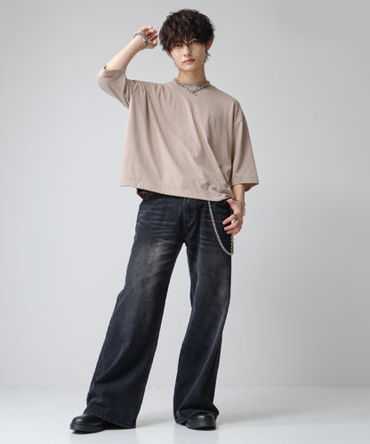 SUI-1998 短丈 薄手 七分袖 クルーネック ビッグシルエット ショート丈 メンズ F1450-1453