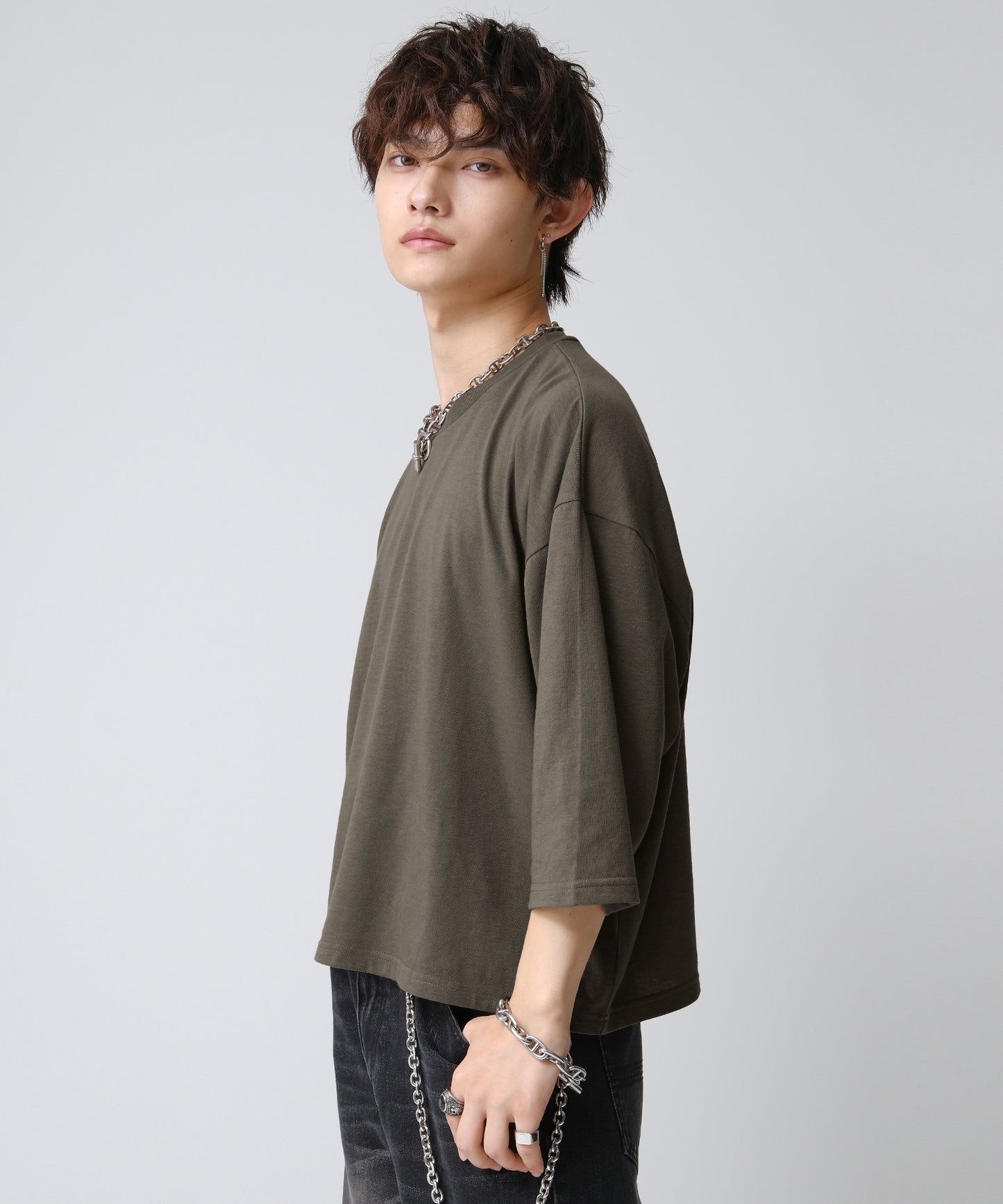 SUI-1998 短丈 薄手 七分袖 クルーネック ビッグシルエット ショート丈 メンズ F1450-1453