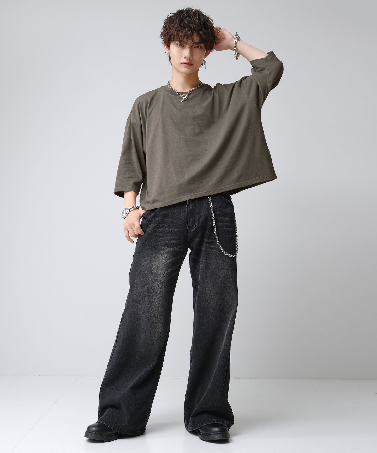 SUI-1998 短丈 薄手 七分袖 クルーネック ビッグシルエット ショート丈 メンズ F1450-1453