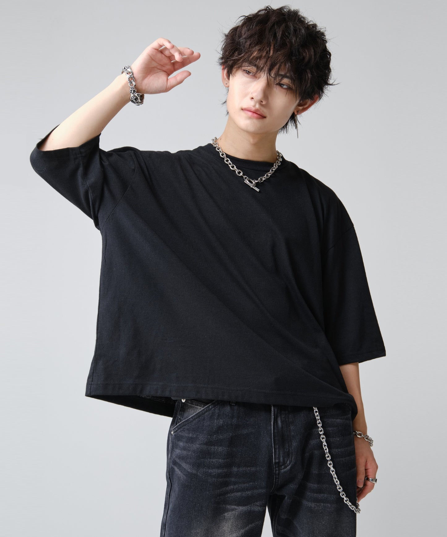 SUI-1998 短丈 薄手 七分袖 クルーネック ビッグシルエット ショート丈 メンズ F1450-1453