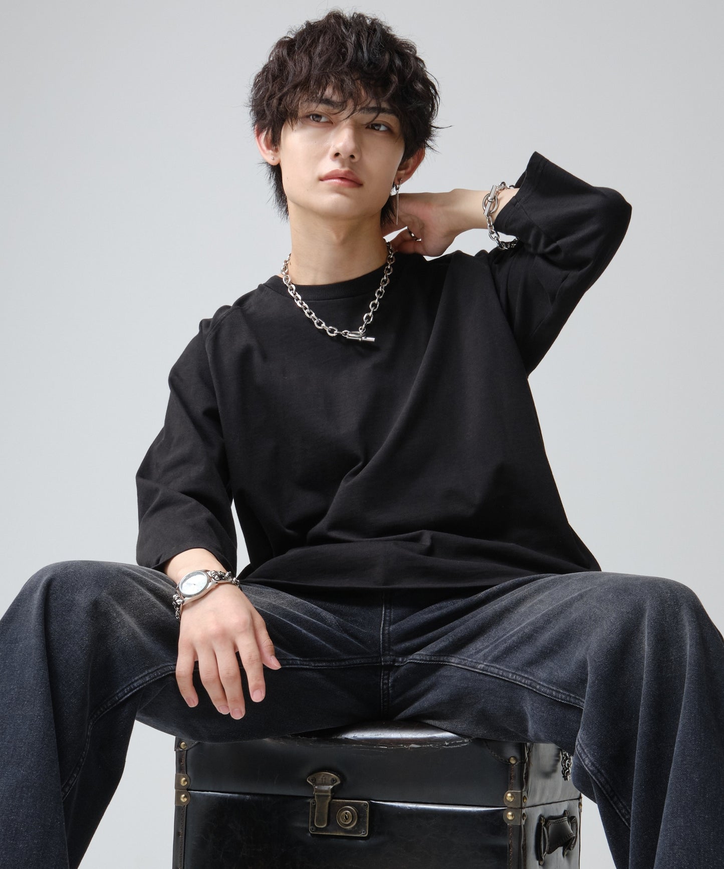 SUI-1998 短丈 薄手 九分袖 クルーネック ビッグシルエット ショート丈 メンズ F1460-1463