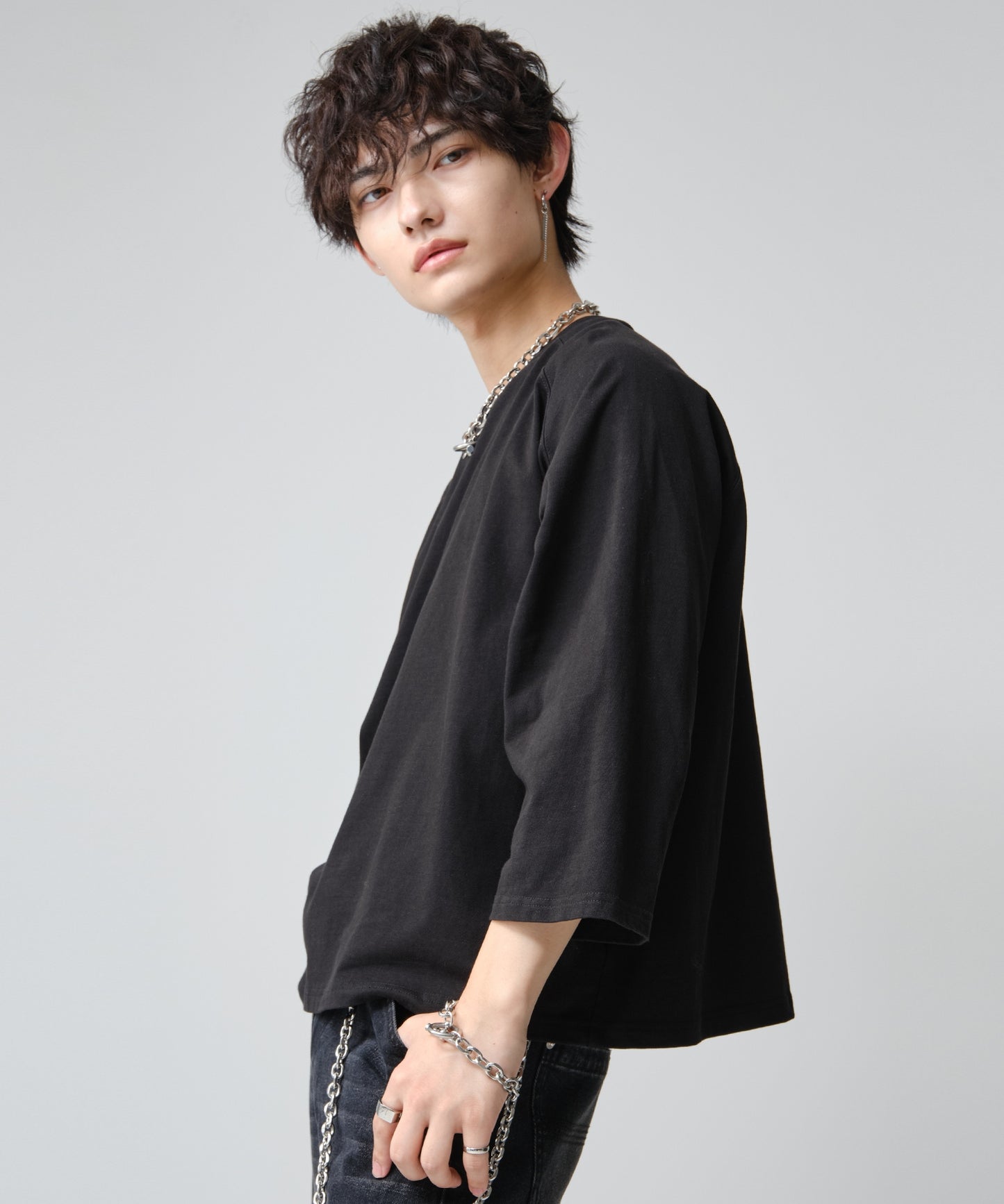 SUI-1998 短丈 薄手 九分袖 クルーネック ビッグシルエット ショート丈 メンズ F1460-1463