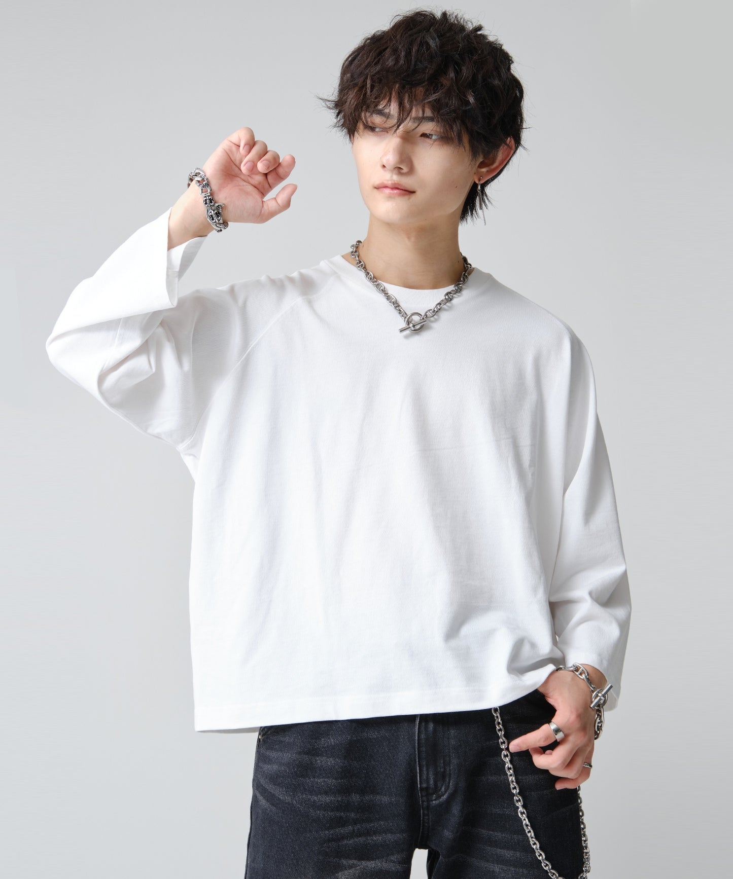 SUI-1998 短丈 薄手 九分袖 クルーネック ビッグシルエット ショート丈 メンズ F1460-1463