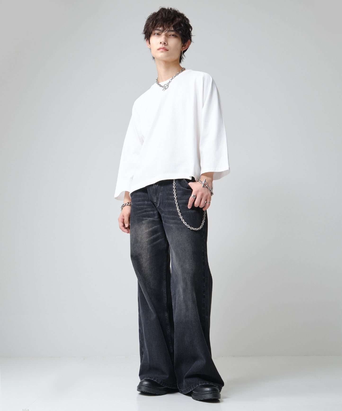 SUI-1998 短丈 薄手 九分袖 クルーネック ビッグシルエット ショート丈 メンズ F1460-1463