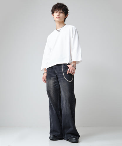 SUI-1998 短丈 薄手 九分袖 クルーネック ビッグシルエット ショート丈 メンズ F1460-1463