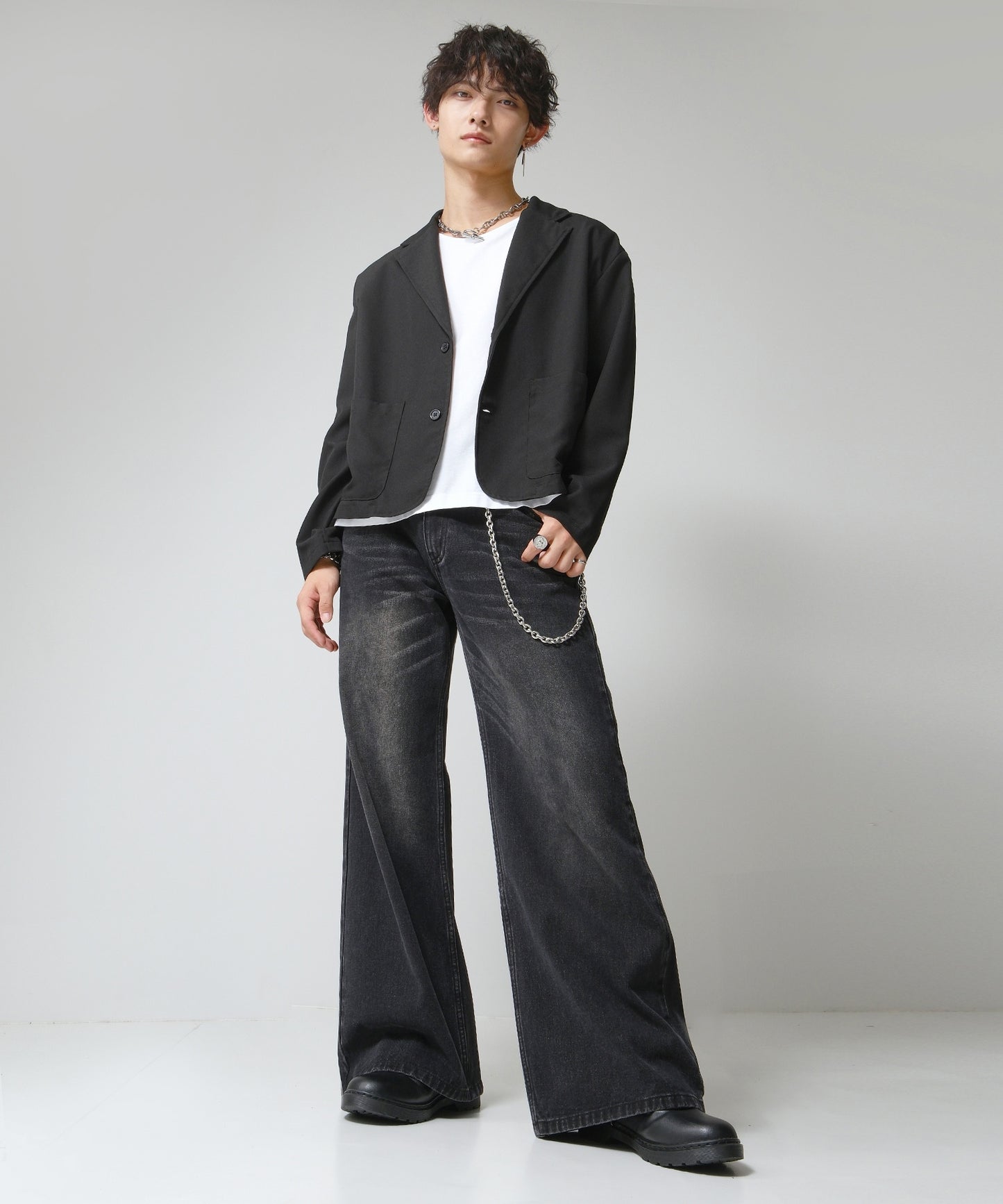 SUI-1998 短丈 薄手 九分袖 クルーネック ビッグシルエット ショート丈 メンズ F1460-1463