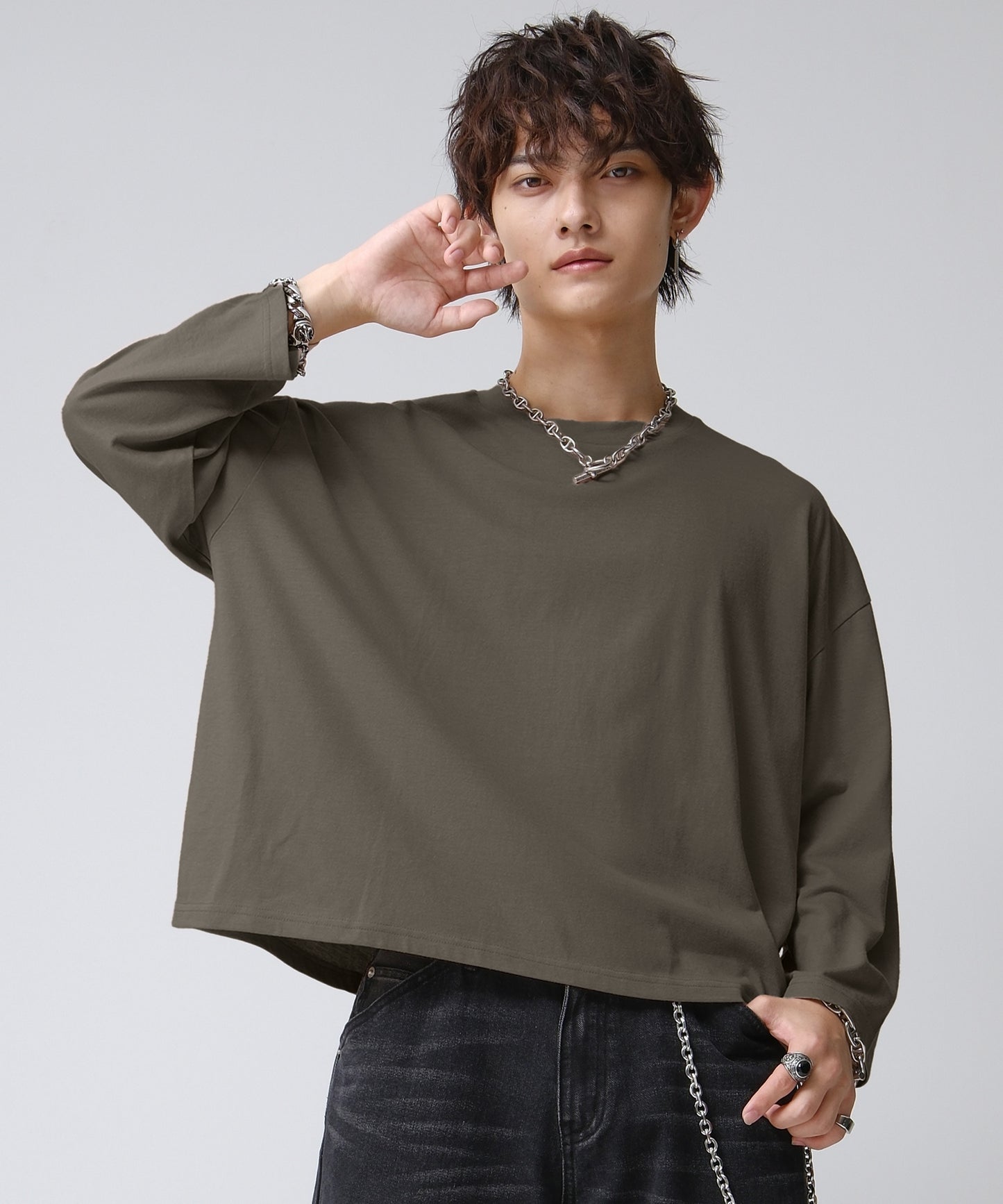 SUI-1998 短丈 薄手 九分袖 クルーネック ビッグシルエット ショート丈 メンズ F1460-1463