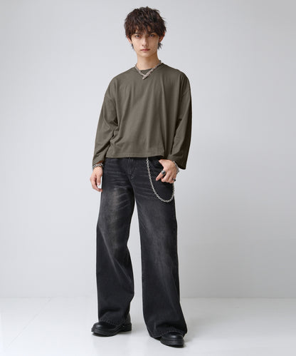 SUI-1998 短丈 薄手 九分袖 クルーネック ビッグシルエット ショート丈 メンズ F1460-1463