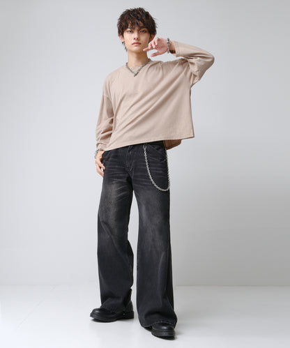 SUI-1998 短丈 薄手 九分袖 クルーネック ビッグシルエット ショート丈 メンズ F1460-1463