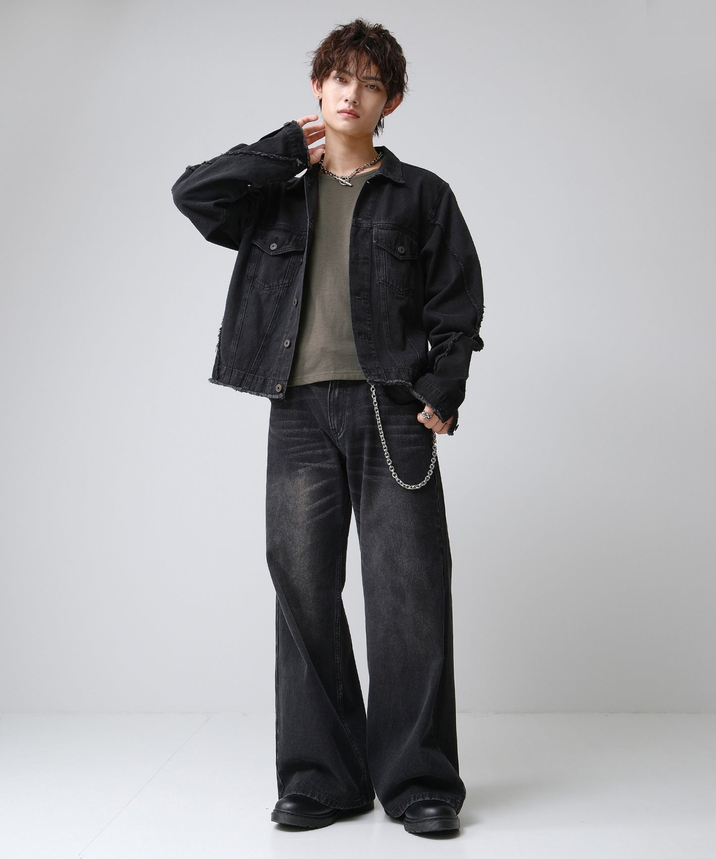 SUI-1998 短丈 薄手 九分袖 クルーネック ビッグシルエット ショート丈 メンズ F1460-1463