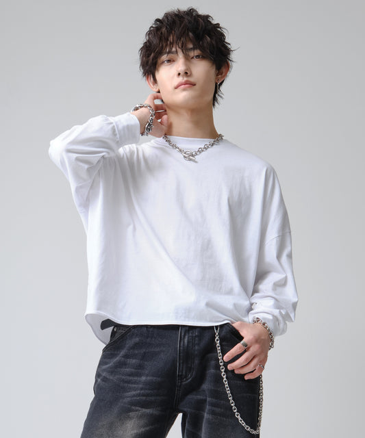 SUI-1998 短丈 薄手 長袖 クルーネック ビッグシルエット ショート丈 メンズ F1470-1473