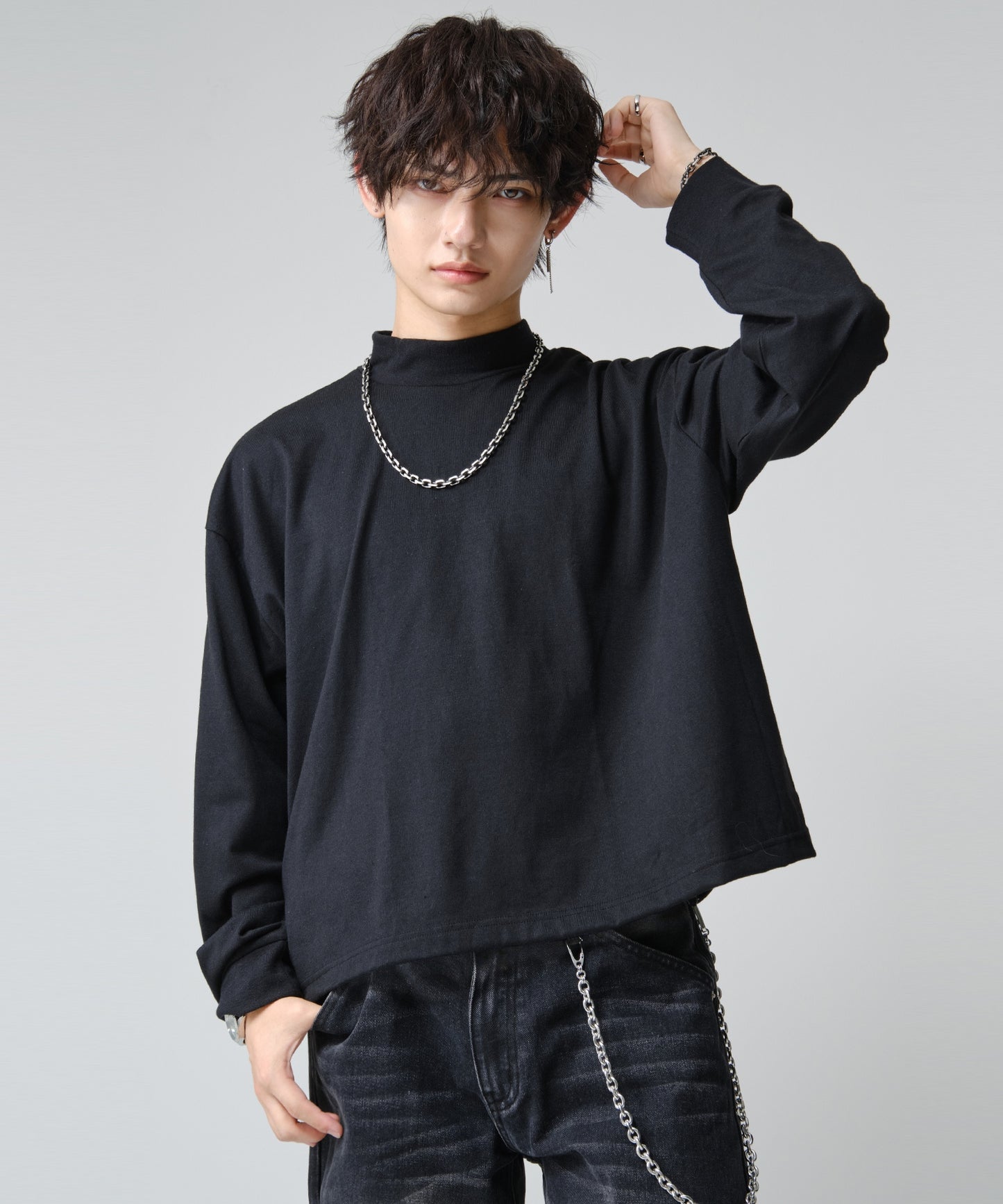 SUI-1998 短丈 薄手 長袖 モックネック ビッグシルエット ショート丈 メンズ F1480-F1483