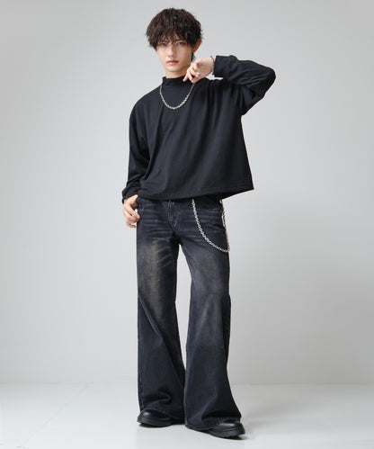 SUI-1998 短丈 薄手 長袖 モックネック ビッグシルエット ショート丈 メンズ F1480-F1483