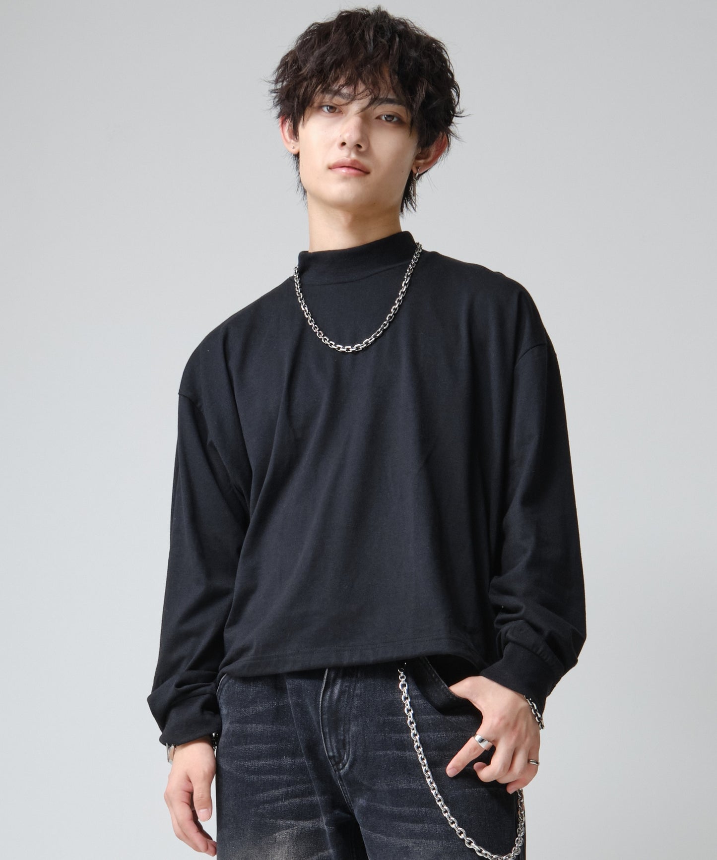 SUI-1998 短丈 薄手 長袖 モックネック ビッグシルエット ショート丈 メンズ F1480-F1483