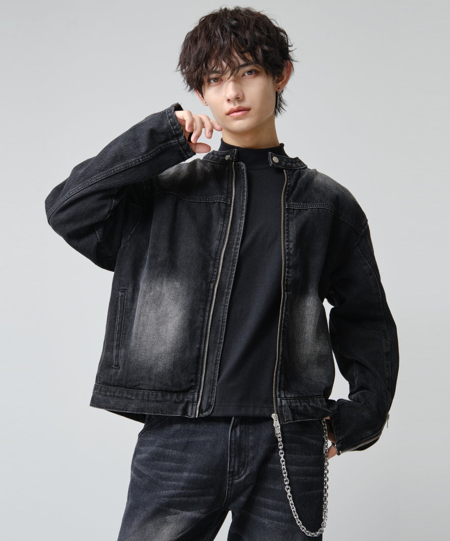 SUI-1998 短丈 薄手 長袖 モックネック ビッグシルエット ショート丈 メンズ F1480-F1483