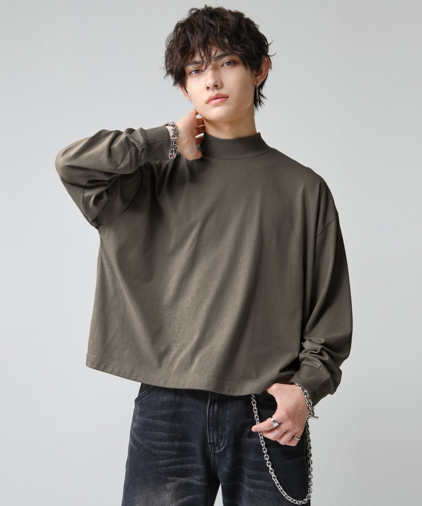 SUI-1998 短丈 薄手 長袖 モックネック ビッグシルエット ショート丈 メンズ F1480-F1483