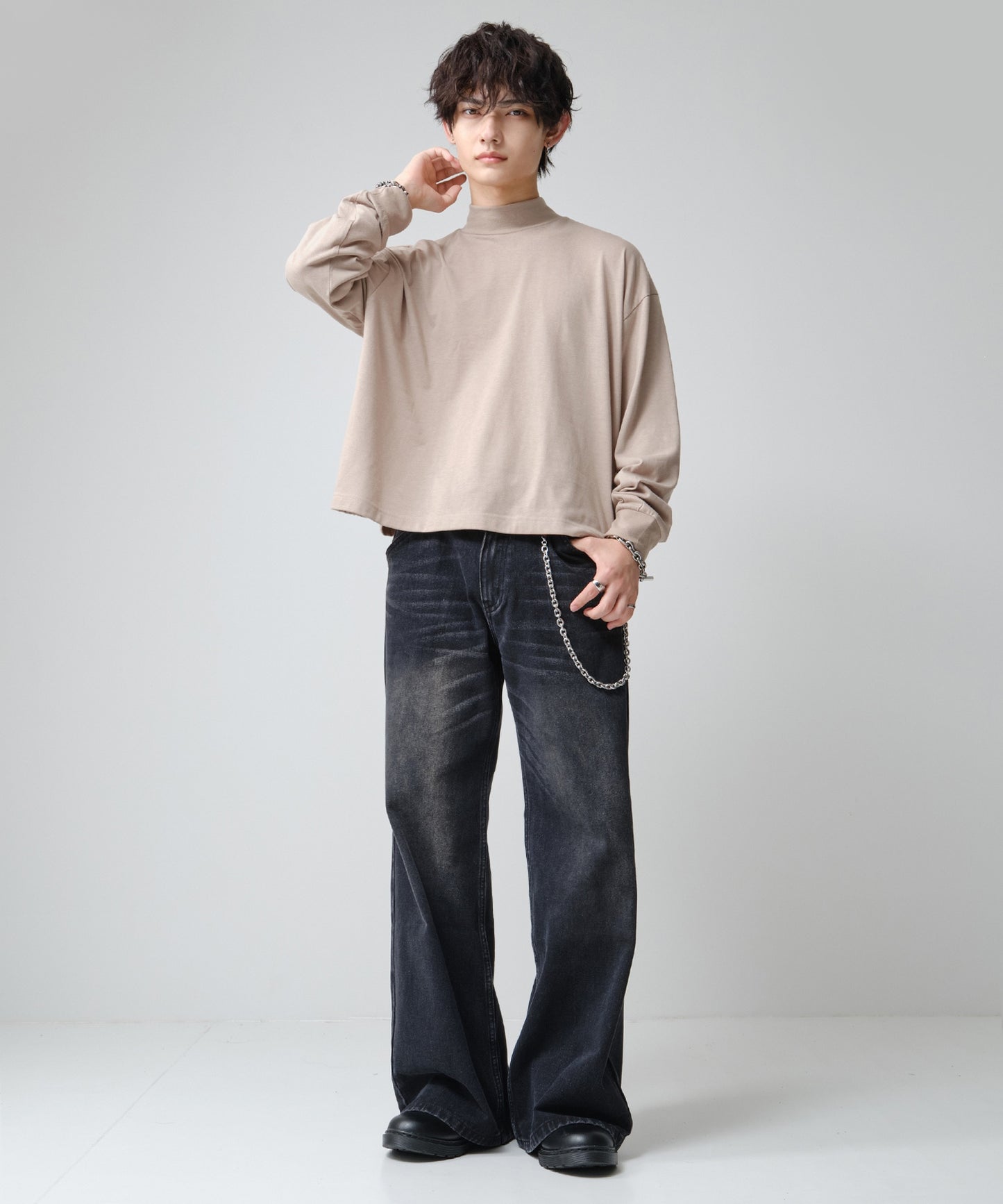 SUI-1998 短丈 薄手 長袖 モックネック ビッグシルエット ショート丈 メンズ F1480-F1483