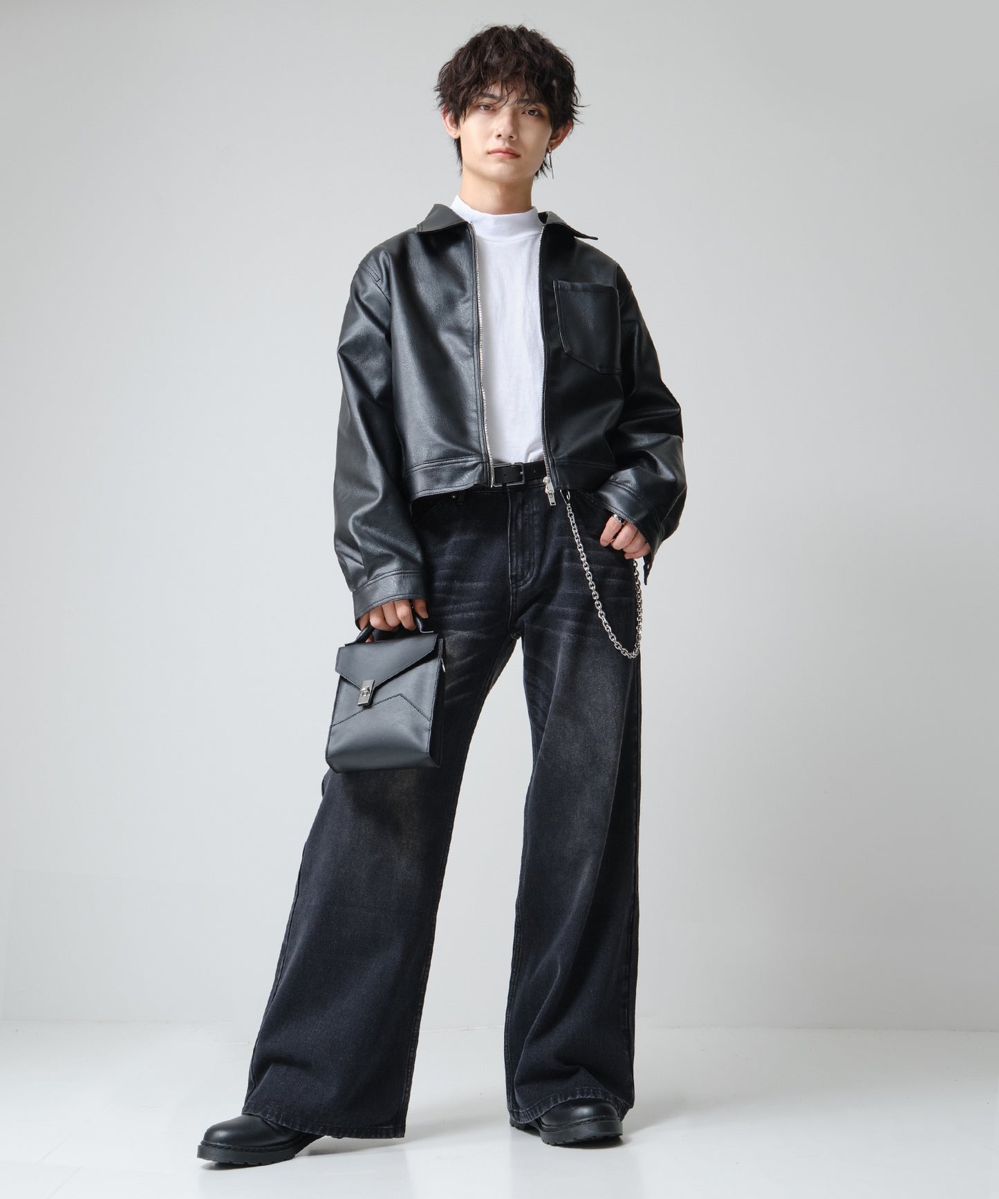 SUI-1998 短丈 薄手 長袖 モックネック ビッグシルエット ショート丈 メンズ F1480-F1483