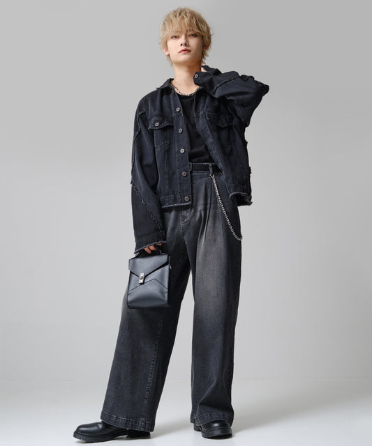 SUI-1998 デニムパンツ ワイドサイズ テーパード ダメージ加工 F499